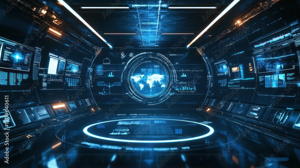Poster futuristic digital command center: global network monitoring