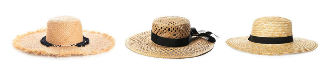 Different stylish straw hats isolated on white, set. Fashionable accessory