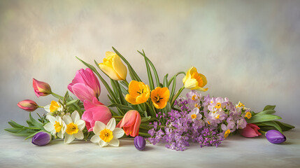 Spring Flowers Arrangement on Neutral Paper Background