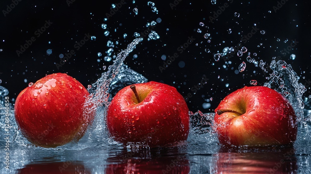 Poster ripe red apples splashing into water with vibrant droplets on a black background capturing fresh fru