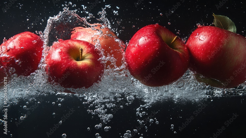 Poster fresh red apples splashing into water creating dynamic ripples and bubbles on a dark background show
