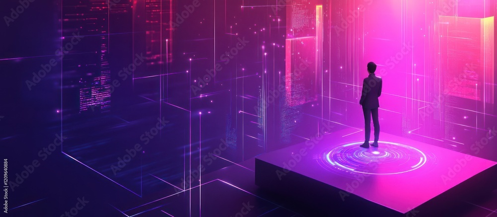 Poster man standing on platform in futuristic digital environment.