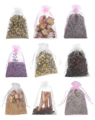 Handmade scented sachets isolated on white, set