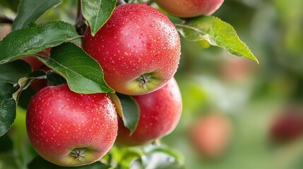 Obraz premium Ripe red apples hanging on trees glistening with dew ready for harvest in a lush orchard setting