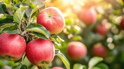 Obraz premium Ripe red apples hanging on branches in a vibrant orchard during a sunny autumn day