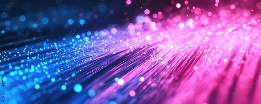 Poster abstract fiber optics glowing in a gradient of pink and blue, symbolizing high-speed data transfer, 