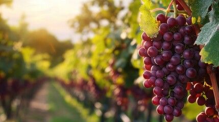 Naklejka premium Sunlit Vineyard with Ripe Red Grapes Hanging from Vines in Summer Season