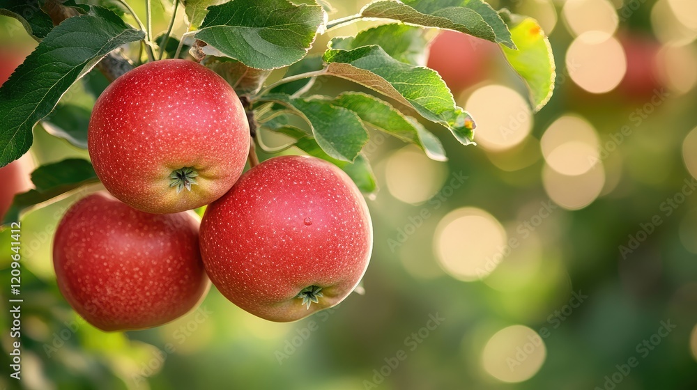 Poster freshly picked ripe red apples clustered on a tree branch in a sunlit orchard with a blurred green b