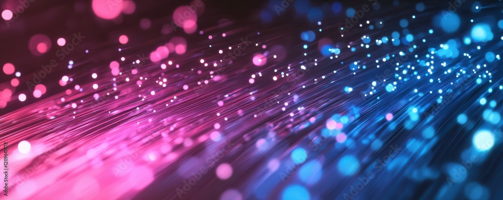 Poster abstract fiber optics glowing in a gradient of pink and blue, symbolizing high-speed data transfer, 