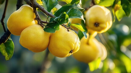Ripe quinces on tree branch with lush green leaves showcasing fruit abundance in a sunny garden setting.