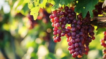 Fototapeta premium Ripe clusters of purple raisins hanging on a vine surrounded by green leaves in a sunlit vineyard setting.