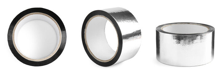 Silver adhesive tape, set. Rolls isolated on white
