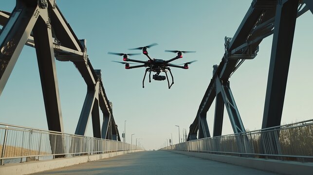 A robotic drone conducting infrastructure inspections on a modern bridge with a clear sky, high-tech and open environment, Infrastructure-tech style
