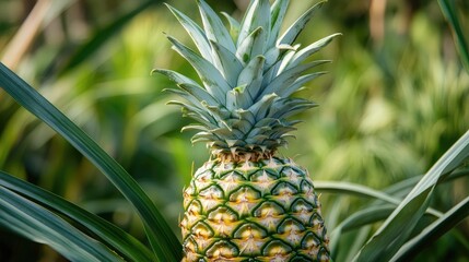 Ripe pineapple plant thriving in a lush tropical garden showcasing vibrant agricultural growth and natural beauty