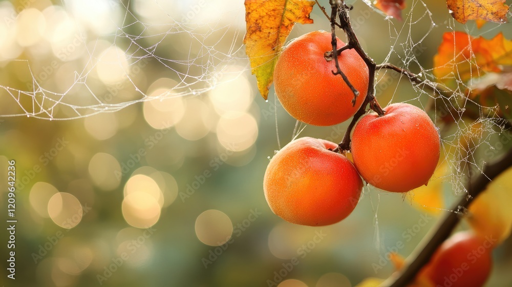 Poster ripe persimmons adorned with autumn leaves and spiderwebs against a beautiful bokeh background captu