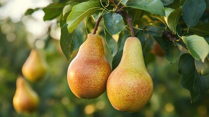 Ripe pears hanging from a tree with vibrant foliage showcasing fresh and sweet fruit in a serene orchard setting.