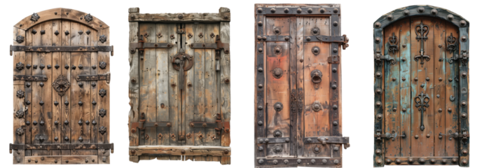 Antique wooden door with a weathered finish and metal accents