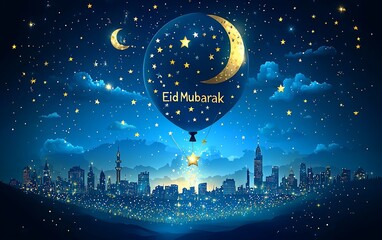 Eid Mubarak hot air balloon night sky city.