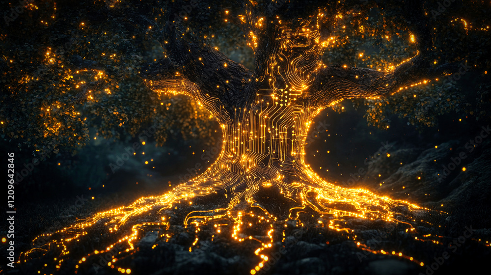 Poster a stylized glowing tree with intricate electronic circuit patterns