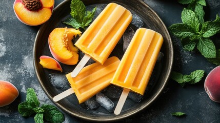 Ripe peach popsicles with coconut milk garnished with fresh mint on a vintage tray surrounded by peaches and mint leaves
