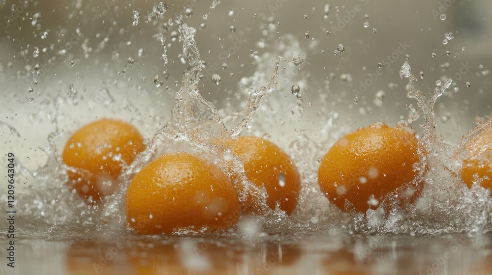 Poster fresh oranges splashing in water creating dynamic droplets on a smooth gray background capturing vib