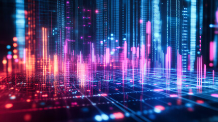Abstract financial background with glowing stock charts and bar graphs