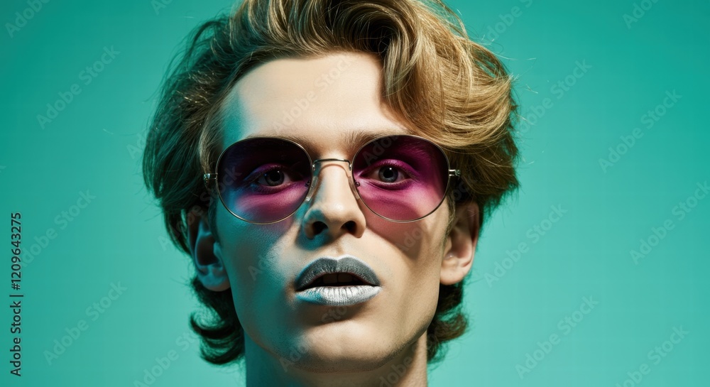 Wall mural Young caucasian male in sunglasses and metallic lipstick against teal background