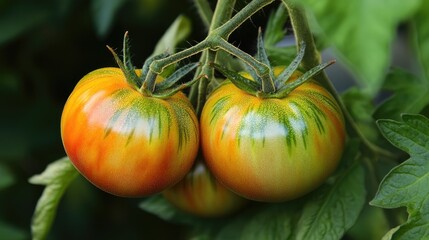 Freshly ripening organic tomatoes on the vine showcasing vibrant colors in a greenhouse environment.