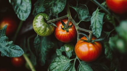 Ripe organic tomatoes on the vine surrounded by lush green leaves in a bright greenhouse setting