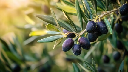 Ripe olives hanging on a black olive tree surrounded by lush greenery in a serene garden setting during golden hour light.
