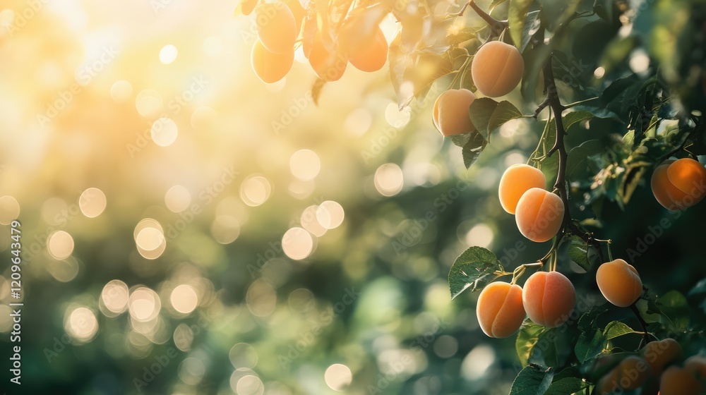 Poster ripe apricots on a tree branch with a soft focus background in a sunny garden setting