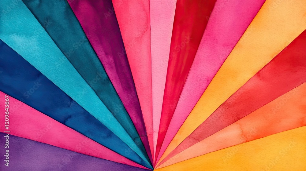 Poster starburst watercolor concept. colorful array of vibrant paper sheets arranged in a fan shape.