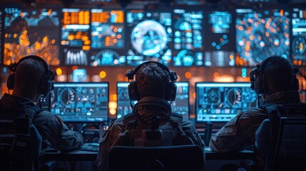 Military staff in a high tech command post work on intelligence gathering, integrating real time surveillance and maintaining security protocols.