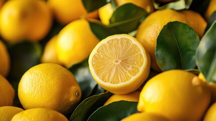 Ripe Meyer lemons displayed with fresh green leaves in a vibrant macro arrangement highlighting their natural beauty and color contrast