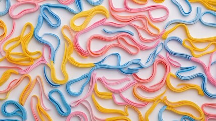Colorful rubber bands on a white background showcasing vibrant pink yellow and blue hues in a close up view of assorted shapes and sizes