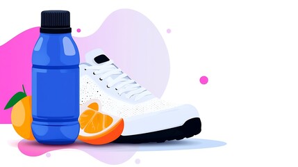 Refreshing Fitness Essentials: White Sneakers, Water Bottle, and Orange