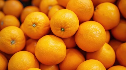 Ripe naval oranges stacked in a vibrant display at a supermarket showcasing fresh citrus fruits for sale