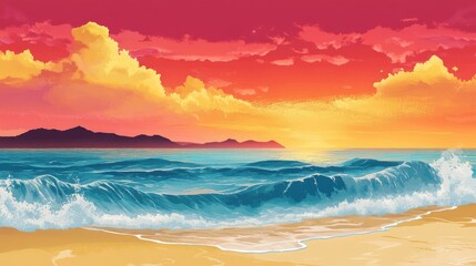 Vibrant sunset over the ocean featuring red and orange clouds, rolling waves, sandy beach, and distant mountains under a clear sky.