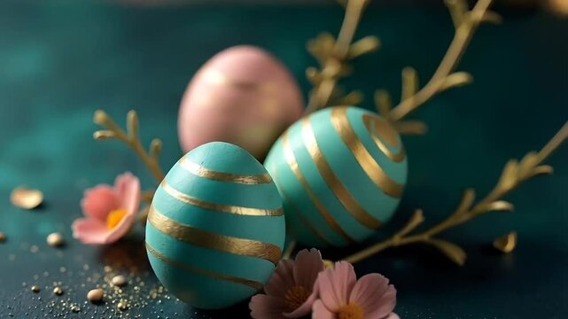 Blue and gold Easter eggs arranged on a dark textured surface, with decorative flowers and golden dust