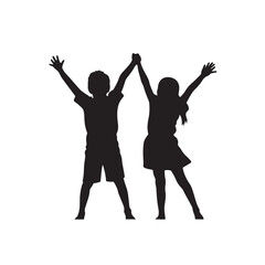 Minimalistic black silhouette icons of two happy children, one boy and one girl, with their arms raised in joy.