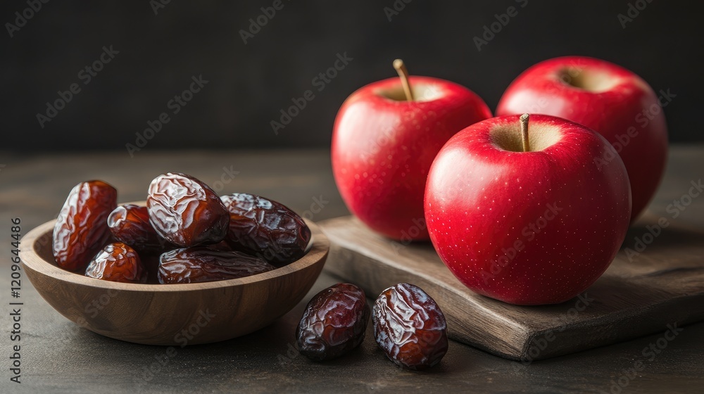 Poster ripe red apples and dates arranged on wooden plates against a dark textured backdrop with soft ambie