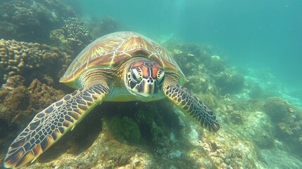 Fototapeta premium Sea turtle gliding gracefully underwater while exploring vibrant coral reef habitat