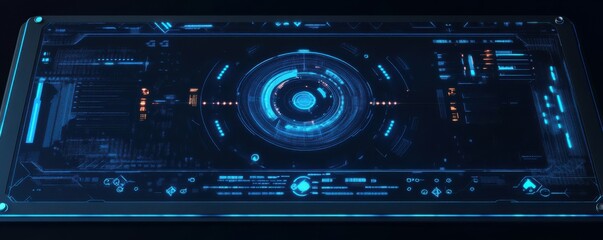 Obraz premium Abstract futuristic blue hologram interface with glowing data, tech theme.