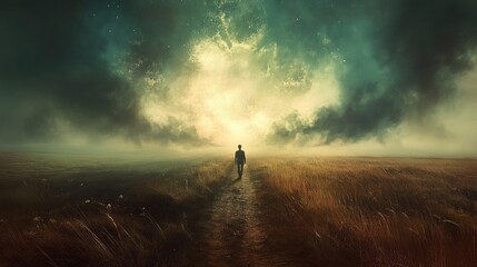Fototapeta premium Solitary Figure Walking Towards a Glowing Celestial Event