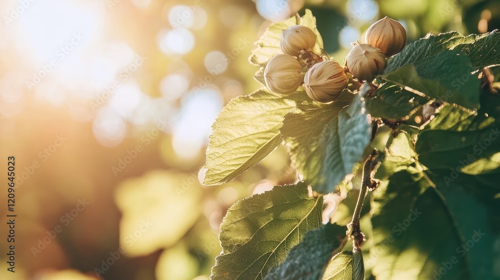 Poster ripe hazelnuts on tree branch with sunlight creating a warm glow in a natural outdoor setting during