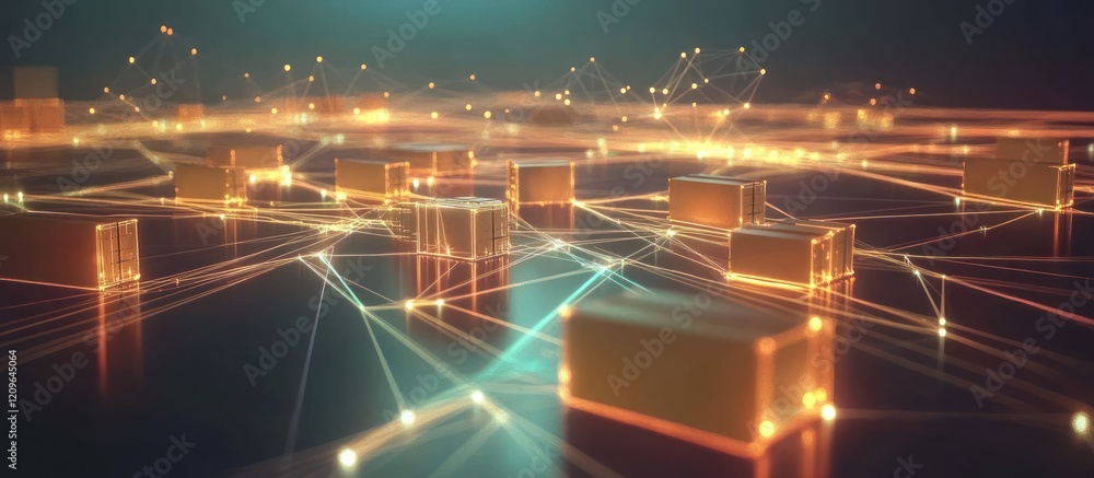 Poster abstract glowing network of connected data cubes.