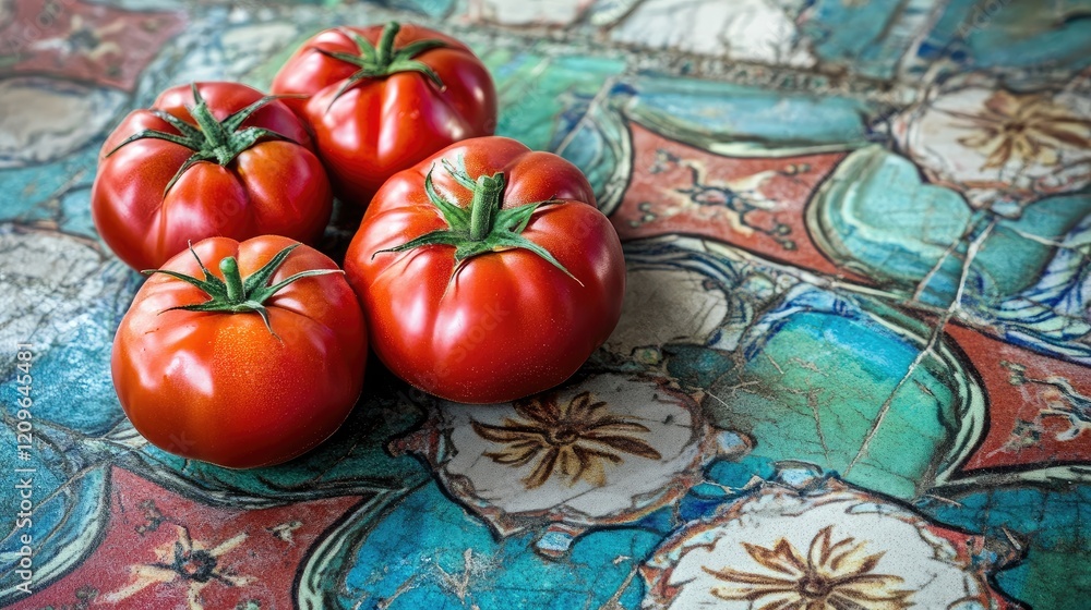 Poster ripe vibrant tomatoes arranged on a beautifully patterned wooden table showcasing freshness and colo