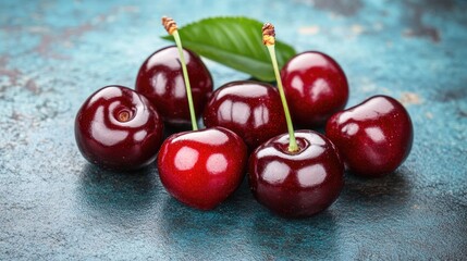 Ripe cherries with green leaves on soft blue textured background showcasing vibrant colors and natural composition