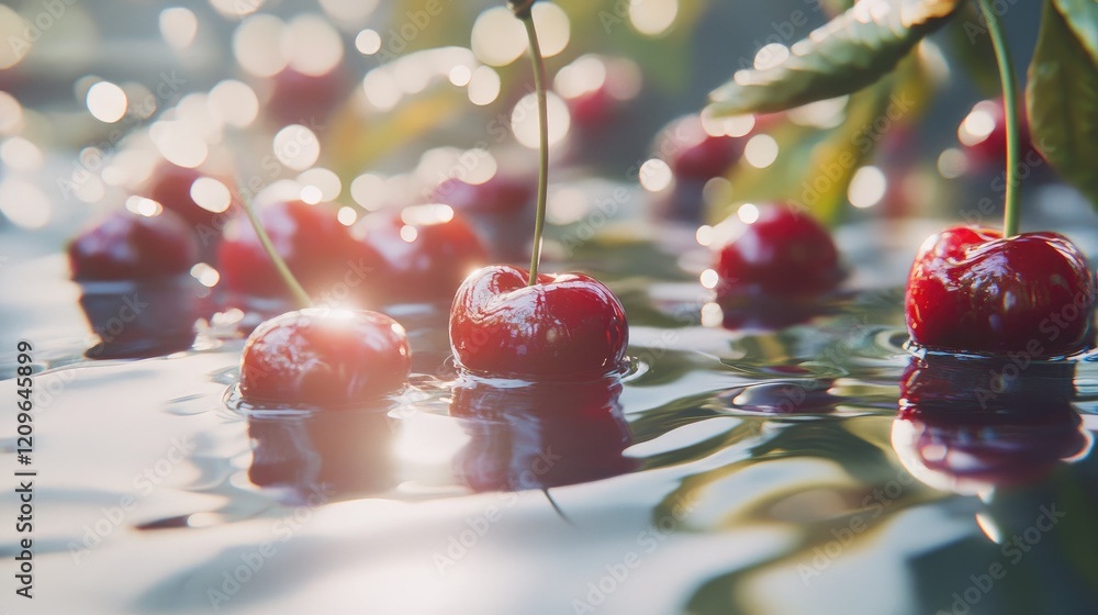 Poster ripe cherries immersed in sparkling water with gentle reflections creating a serene and refreshing a