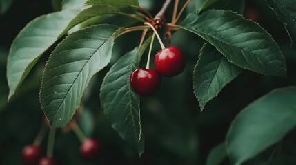 Ripened cherries hanging on a lush green branch showcasing vibrant leaves in a natural setting